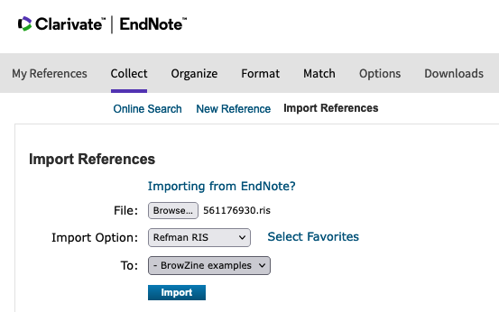 EndNote web basic edition is open to the collect menu with import reference options selected
